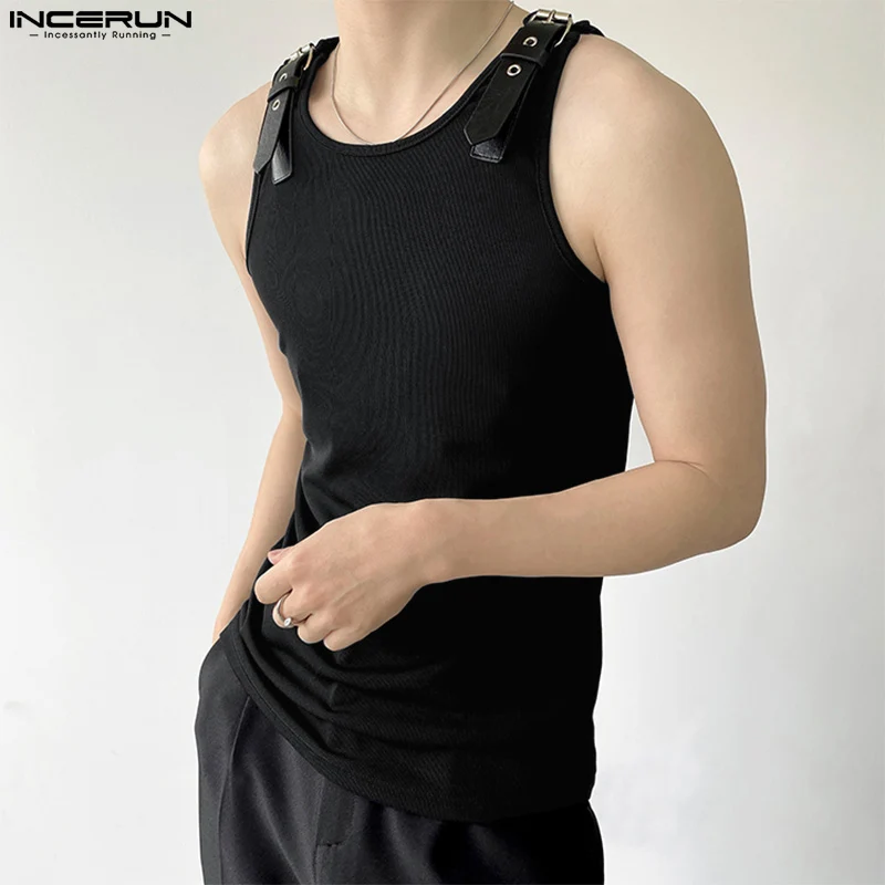 INCERUN Men Tank Tops Solid Color PU Leather Button Sleeveless Streetwear O-neck Vests 2024 Summer Fashion Men Clothing S-5XL