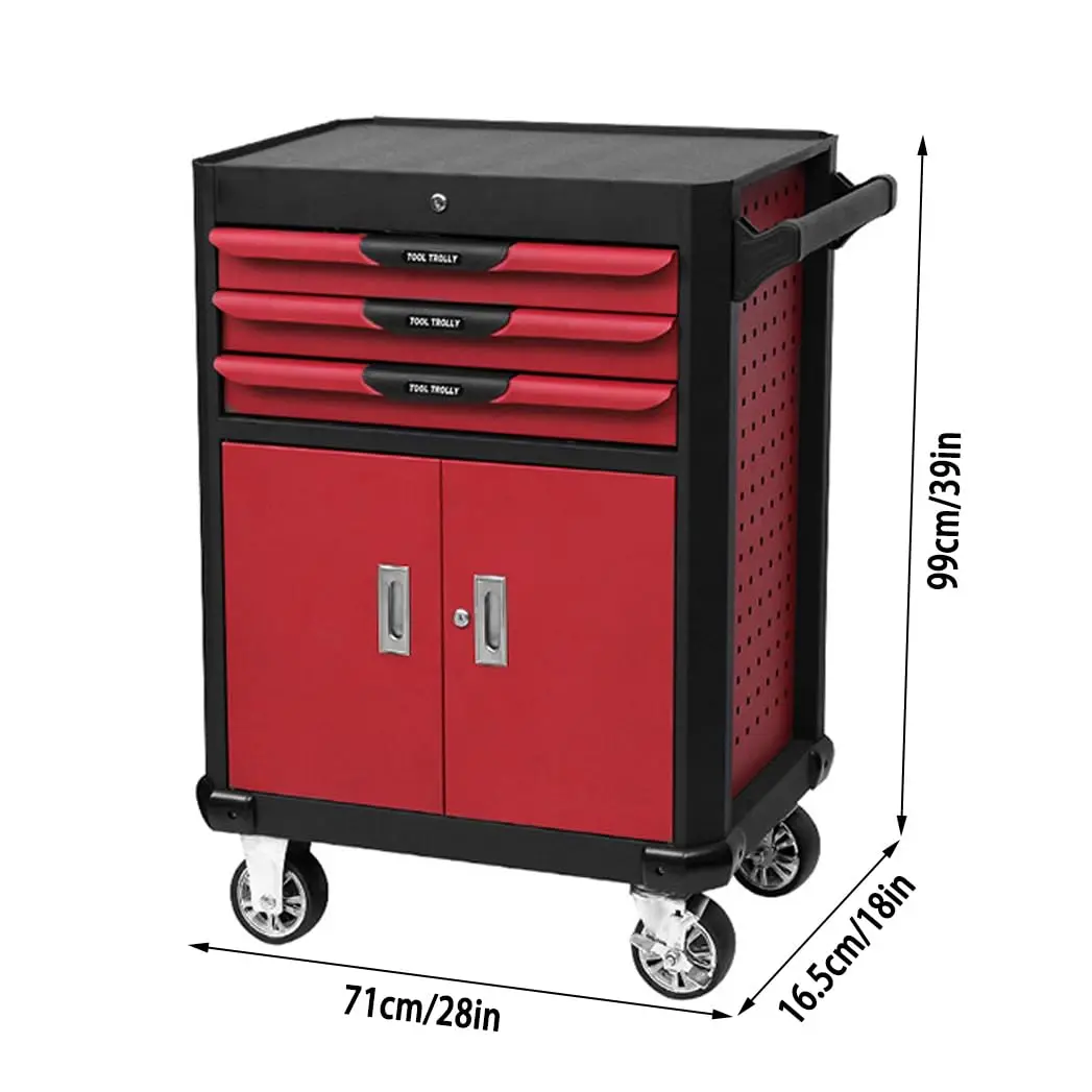 Tool Chest Rolling Tool Storage Cabinet with 3 Drawers 1 Cabinet Liner Lockable Wheels Side Hooks Locking Mechanism Metal