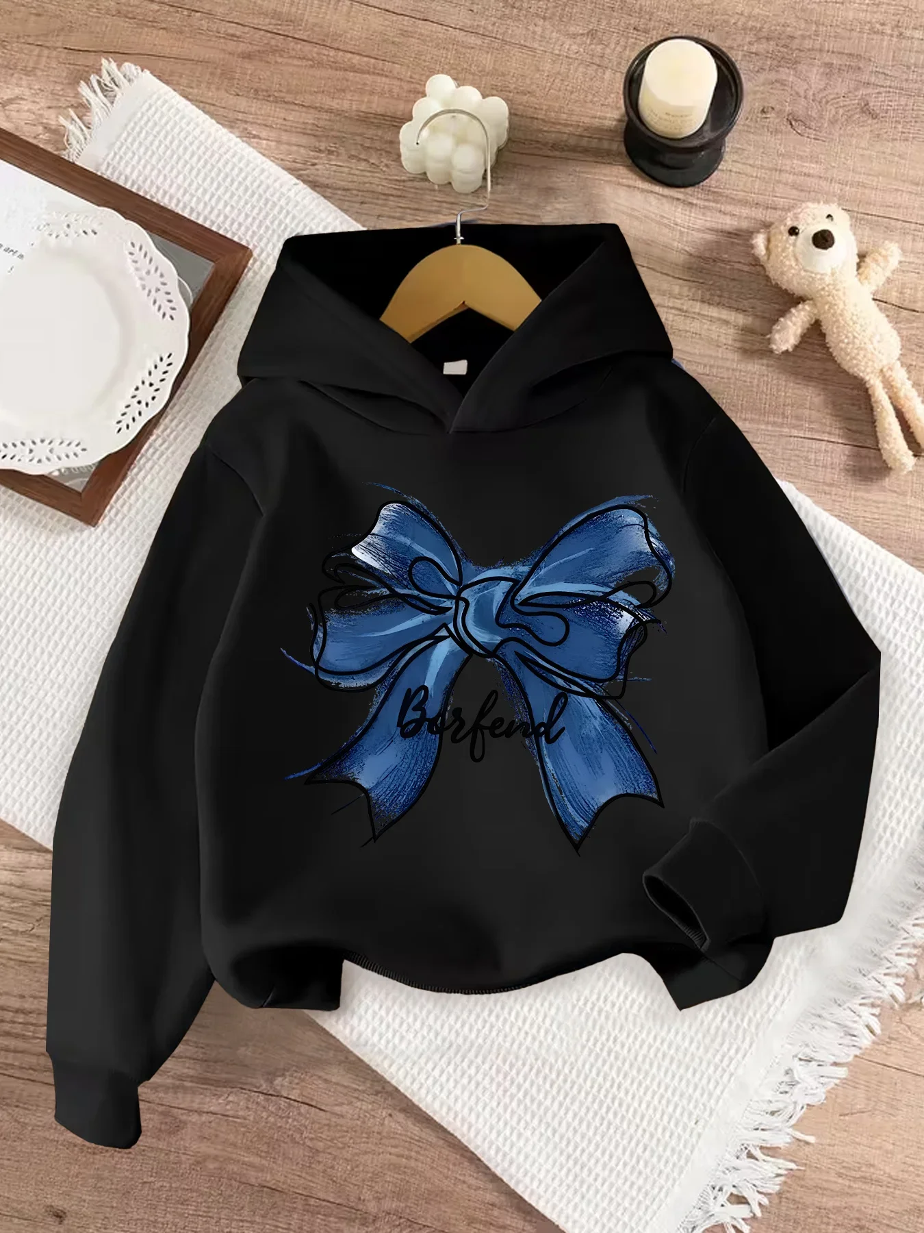 Kids Teen Girls Blue Ribbon Bow Graphic Printed Hoodies Pink Coquette Aesthetic Sweatshirt Cute Long Sleeve Pullover Tops