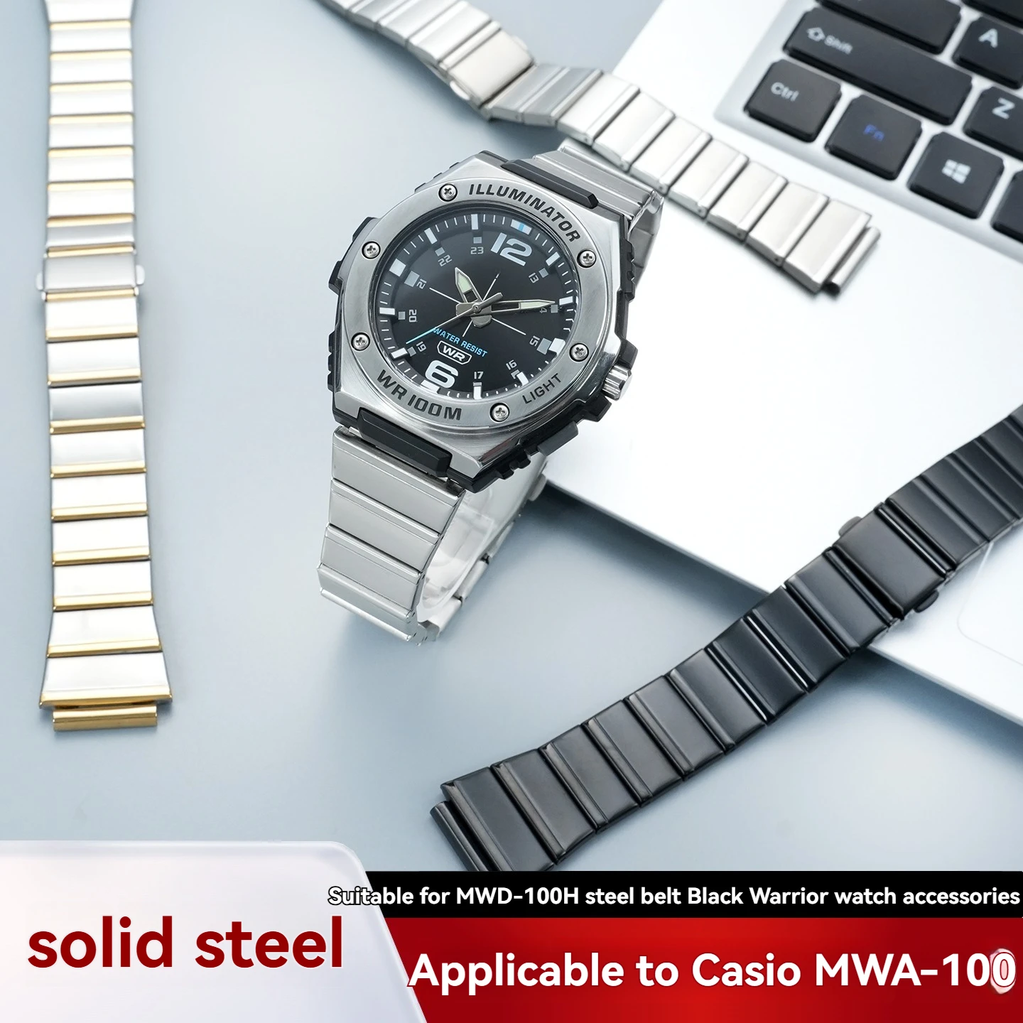MWA-100HD-1A Black Knight Solid Bezel Steel Band for Casio MWD-100H Sports Watch Stainless Steel Bracelet Replacement Part