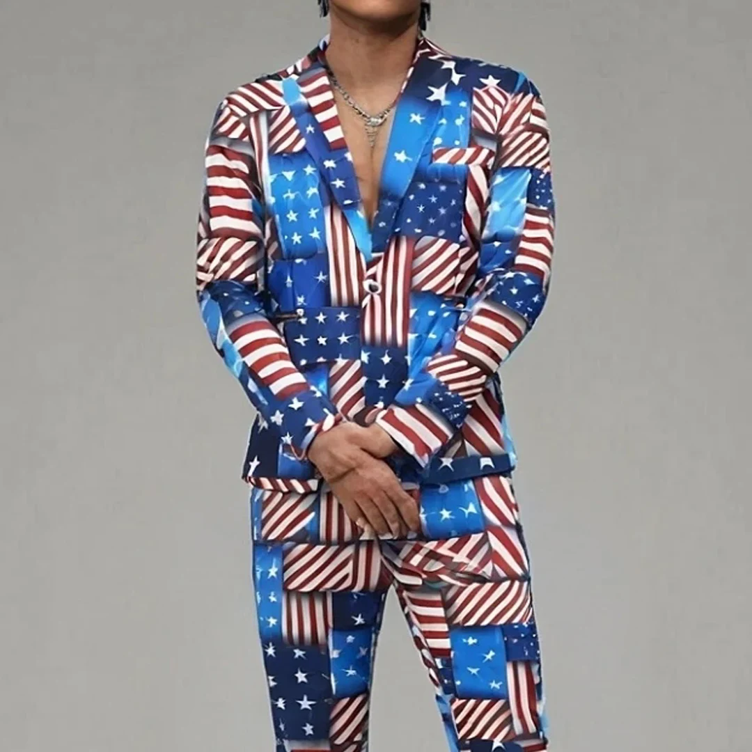 

American Flag Printed 2 Piece Suits for Men Boutique One Button Mens Suit Sets Blazer Jcaket + Pants Party Performance Costume