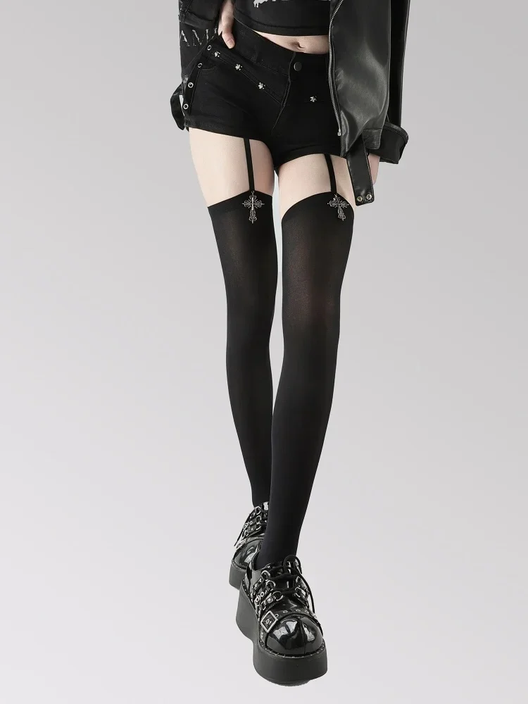CHUANGERM Over Knee Suspender Socks Metal Cross Decor For Women Trendy Thigh High Socks Stylish Hosiery For Daily And Party Wear