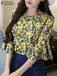 ZANZEA Women Ruffled Flare Sleeve Tops Vintage Summer Floral Printed Blouse Lady Office Round Neck Tunic Holiday Bohemian Blusas