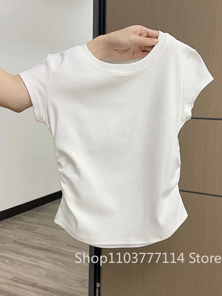 Summer Design Sense Slim Fit Women's Pleated Waist Cinching Top Trendy and Versatile Slimming Solid Color Short Sleeved T-shirt