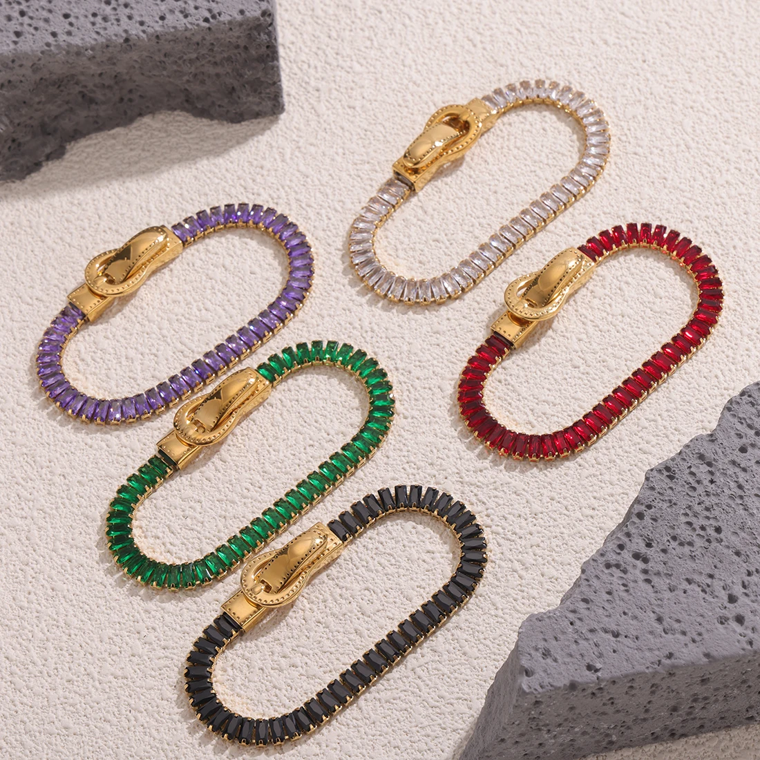 Qualify Women Girls Colorful Zircon Stone Iron Clip Design Suction Hand Chain Stainless Steel Gold-plated Charm Jewelry