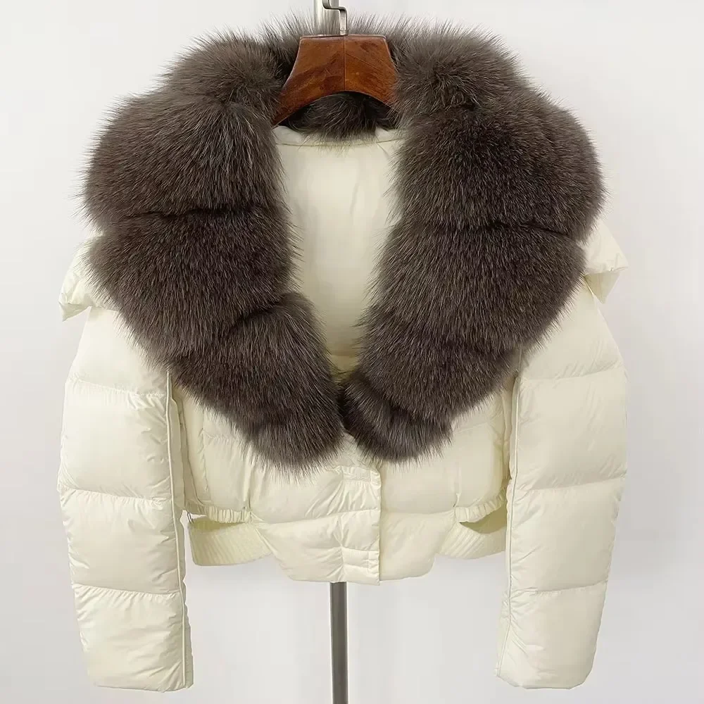 أسفل سترة المرأة الأبيض بطة أسفل معطف سميكة الدافئة ملابس خارجية الطبيعية ريال الراكون الثعلب الفراء طوق معطف 2024 جديد الشتاء مقنعين