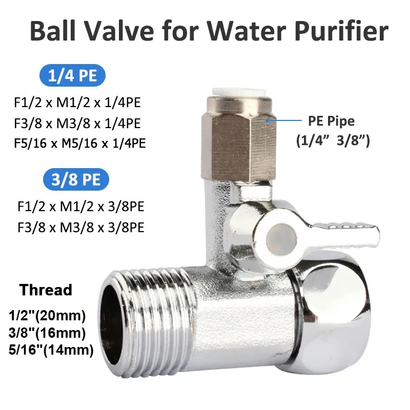 

Ball Valve For Water Purifier 3/8" 1/2" 5/16" to 1/4"3/8" PE Pipe Copper Alloy Plastic 3-Way Adapter Tap Connector Pipe Fitting