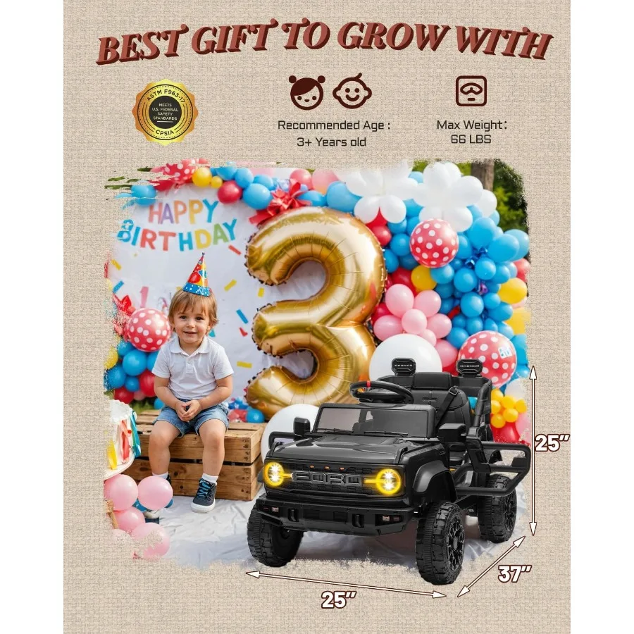 ألعاب ركوب 12 فولت للأطفال، مركبات برونكو رابتور الكهربائية المخصة للأطفال، سيارة تعمل بالبطارية للأطفال الصغار بأبواب مزدوجة