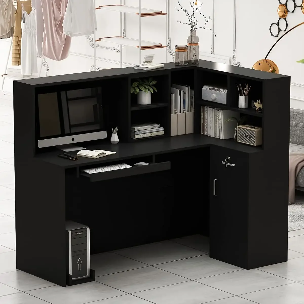 Reception Desk with Open Shelf & Drawers, L Shape Reception Table Wooden Computer Desk for Office Reception Room, Black