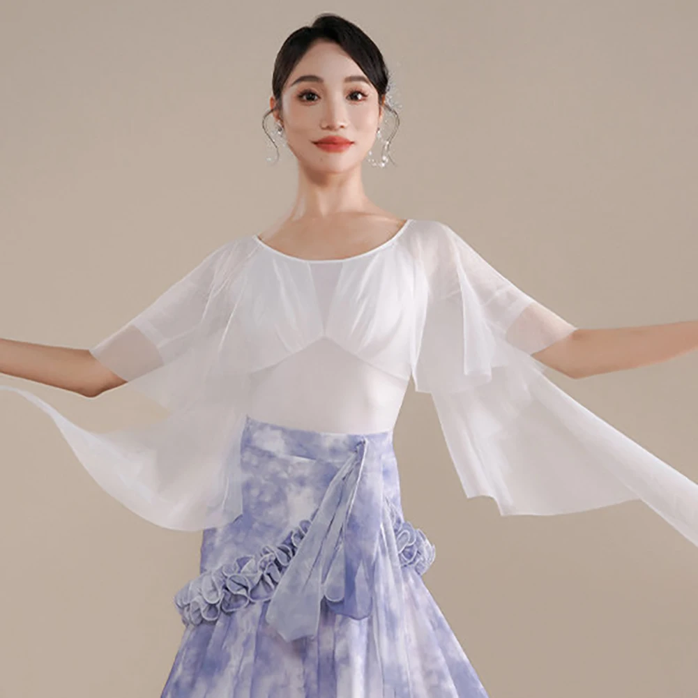 Short-Sleeved Women's Dance Top Gray Waltz Summer Ballroom Round Neck White Ballroom Practice Gauze Purple Jumpsuit