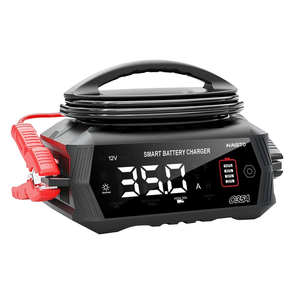 HTRC C35A 12V/35A 24V/18A Universal Fitment Car Motorcycle Battery Charger Alligator Clip Lead Acid AGM GEL Batteries 450W