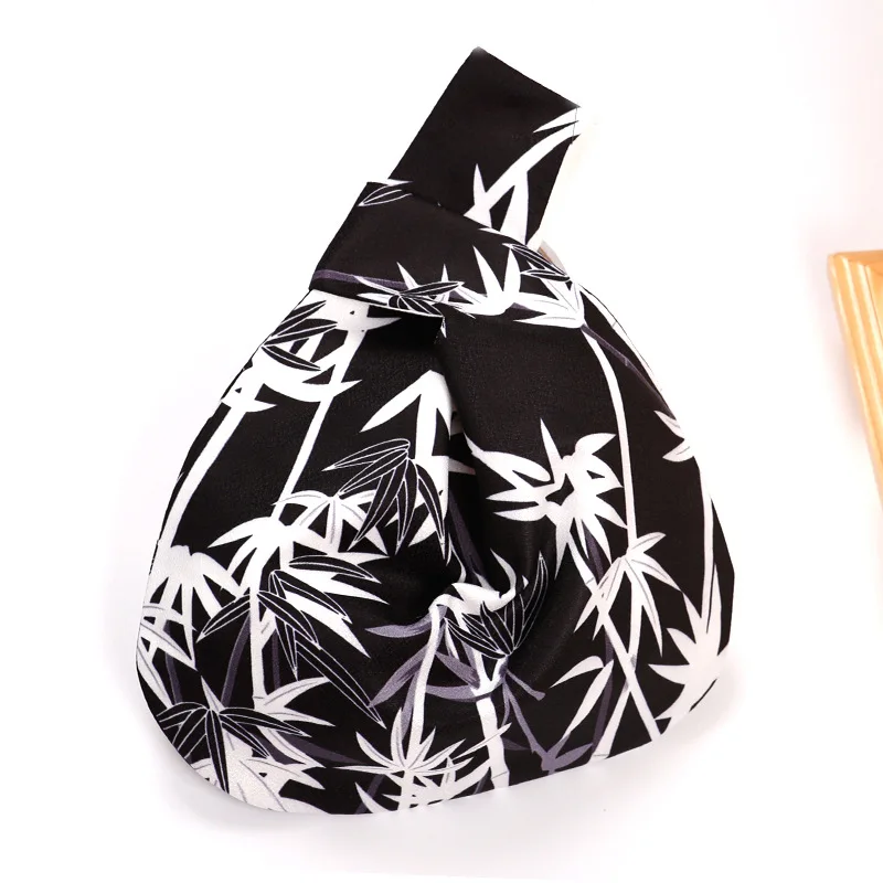 Women's Knot Wrist Bag Japanese Style Handmade Handbag Portable Mini Printed Flowers Bucket Bag Large Capacity Shopping Bag