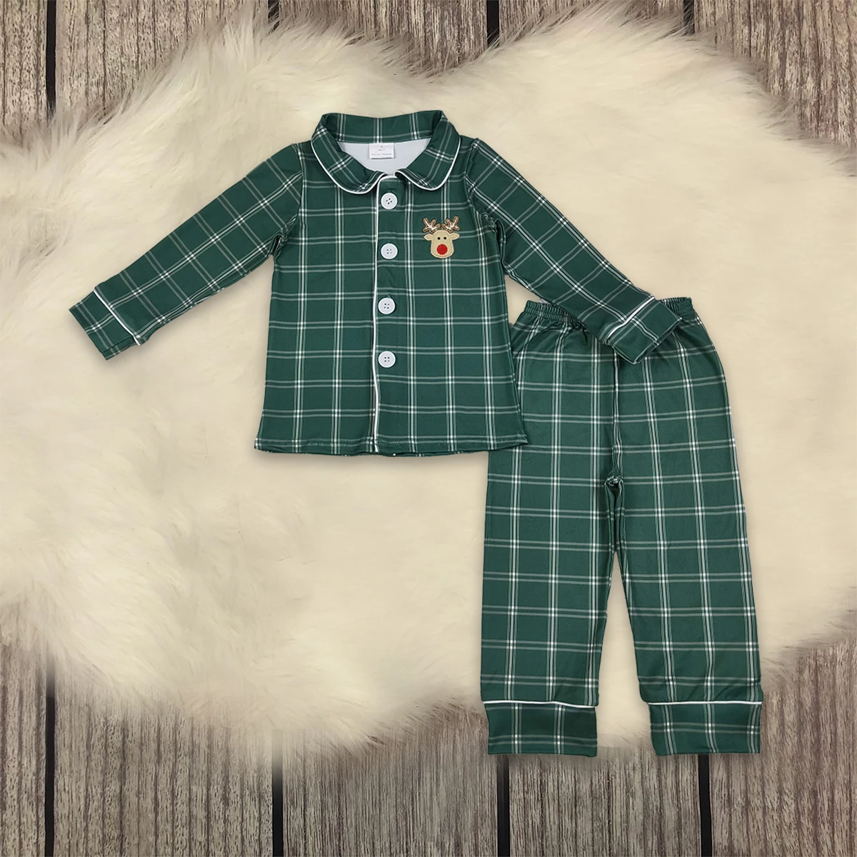 Traje de Navidad para niños pequeños, conjunto de pijamas a cuadros con ciervos bordados, camisa con botones verdes, pantalones, ropa para bebés, venta al por mayor