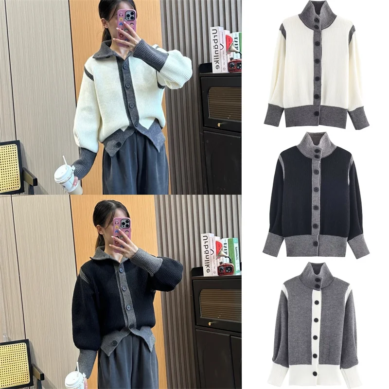 

Женская куртка, осень 2023, новый стиль, водолазка с длинными рукавами и цветными блоками, вязаный кардиган, куртка, повседневная мода, универсальная