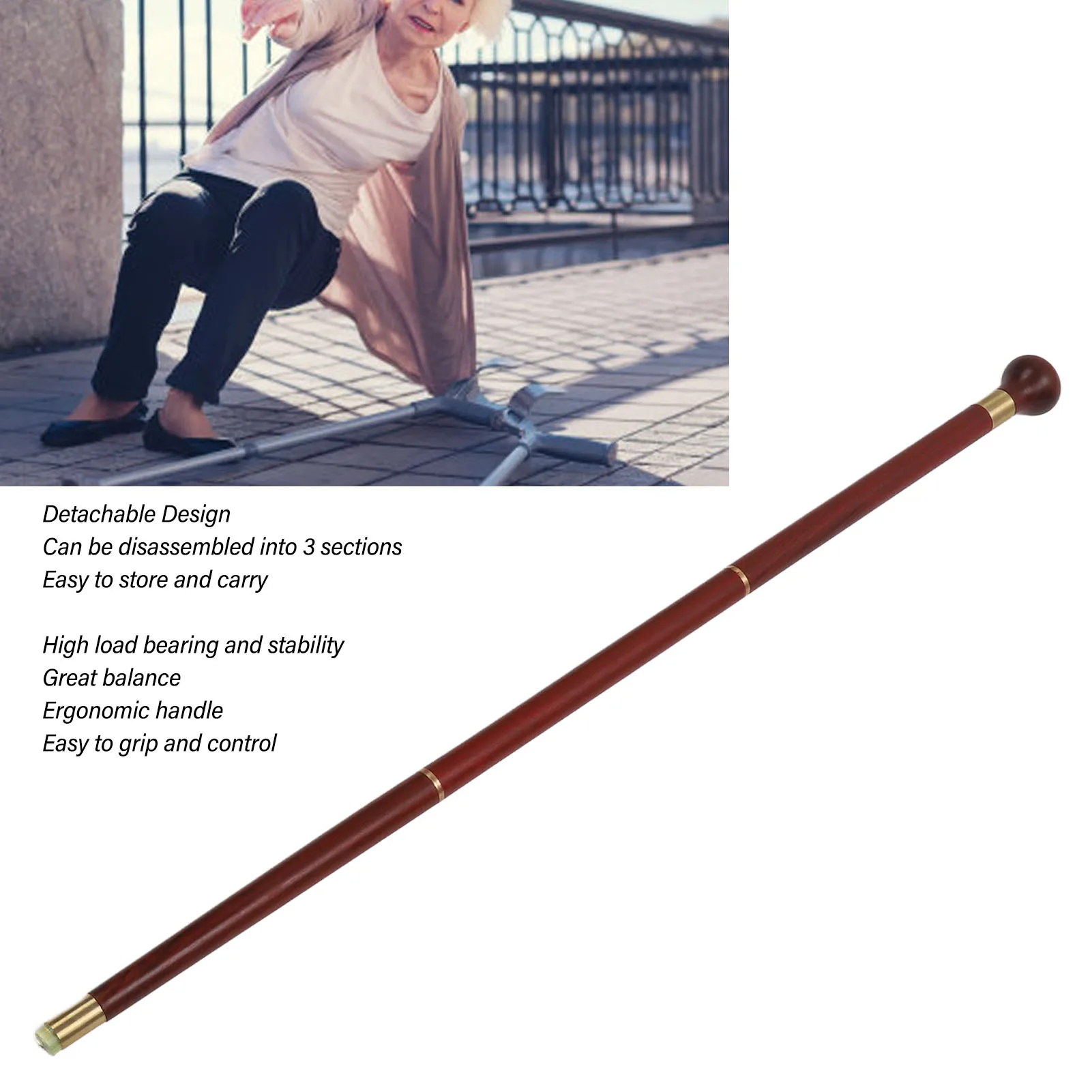 Elderly Rosewood Walking Stick Elegant Ergonomic Detachable Round Grip Walking Cane for Rehabilitation Detachable Walking Stick