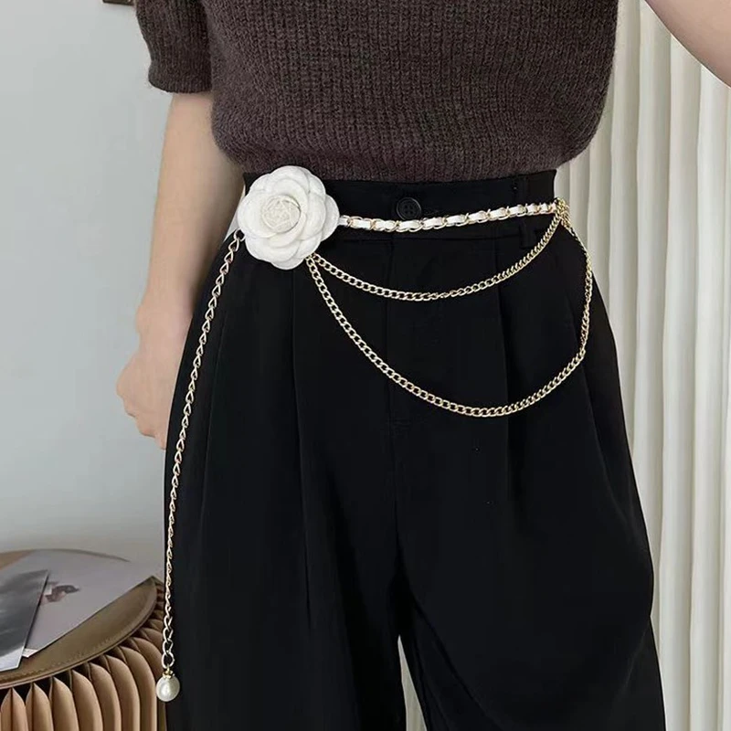 Ladies Fashion Metal Camellia Flowers Waist Chain Women Thin Body Dress Pants Decoration Belts For Girls Luxury Waist Chain