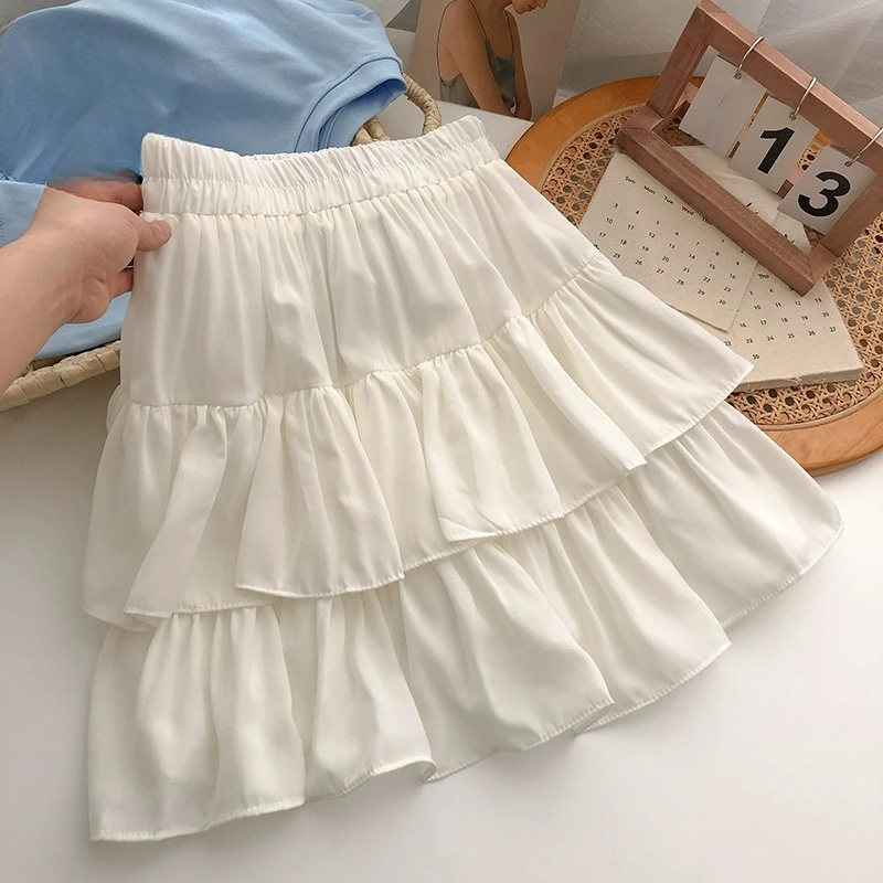 Solid Pleated Skirts Women Summer A-line Elastic Waist Slim Simple All-match Casual Daily Sweet Clothes Korean Style Trendy Cozy