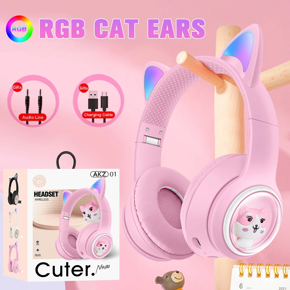 

RGB Cat Ear Headset Headphones with Mic Wireless HIFI Bluetooth Earphone 3D Space Capsule Headphones for School Kids Girls Gift