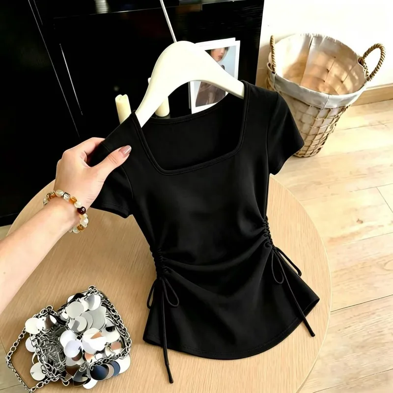 New Short-sleeved T-shirt Pleated Puffed Sleeves Cinched Waist Square Neck Straight Shoulder Stylish Slimming Top Conceals Belly