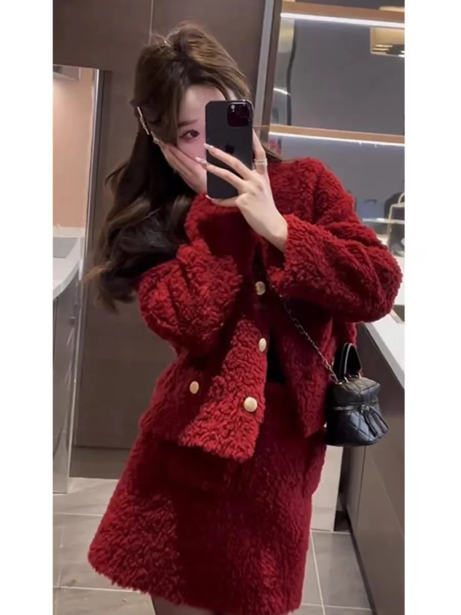 UNXX New Year Red Tweed-style Dress Set for Women, Winter 2023 New Trendy Autumn/winter Socialite Skirt Two-piece Set Fashion