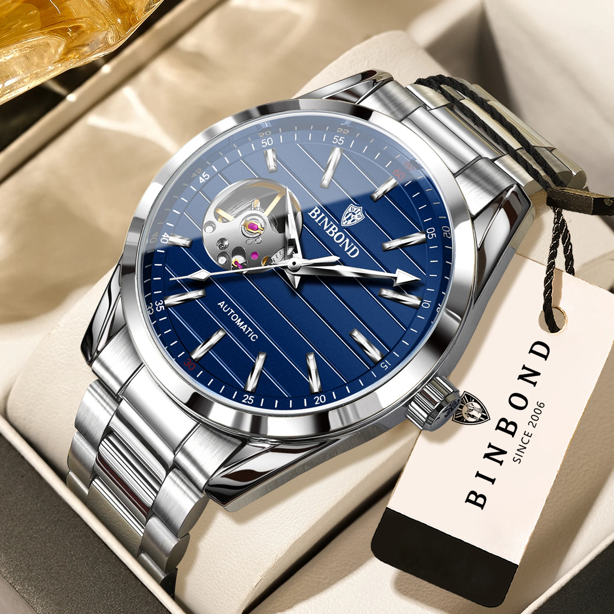 Montres mécaniques de luxe BINBOND pour hommes, lumineuses, étanches, automatiques, tourbillon, montre vintage squelette, Reloj