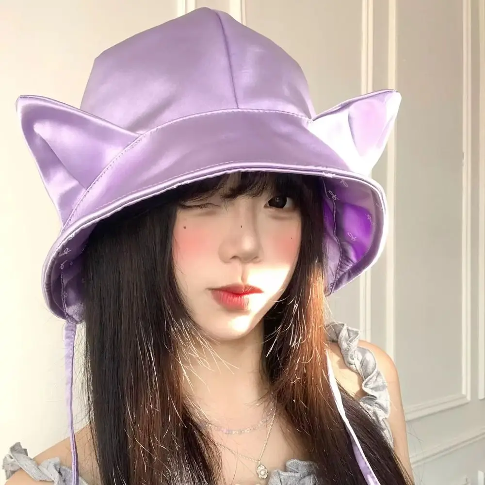 Casual Korean Style Cat Ears Bucket Hat Y2K Double-sided Wear Bow Sun Cap Quick-drying Little Devil Horn Sunscreen Hat Outdoor