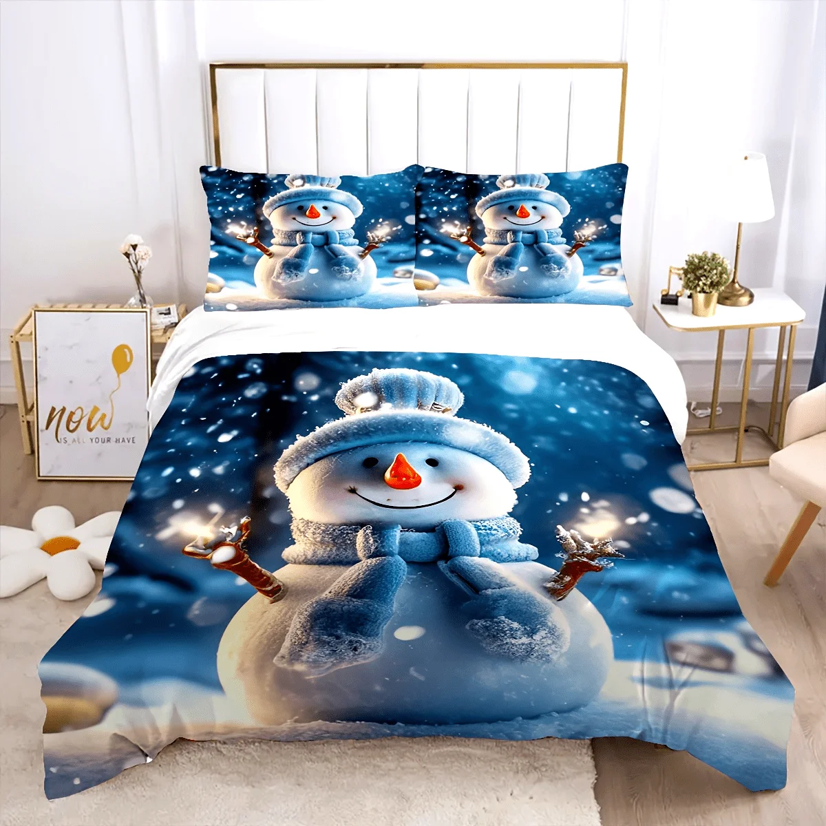 

3pcs Soft & Cozy Christmas Blue Snowman Duvet Cover Set - Includes 1 Duvet Cover and 2 Pillowcases, Easy Care, Hypoallergenic