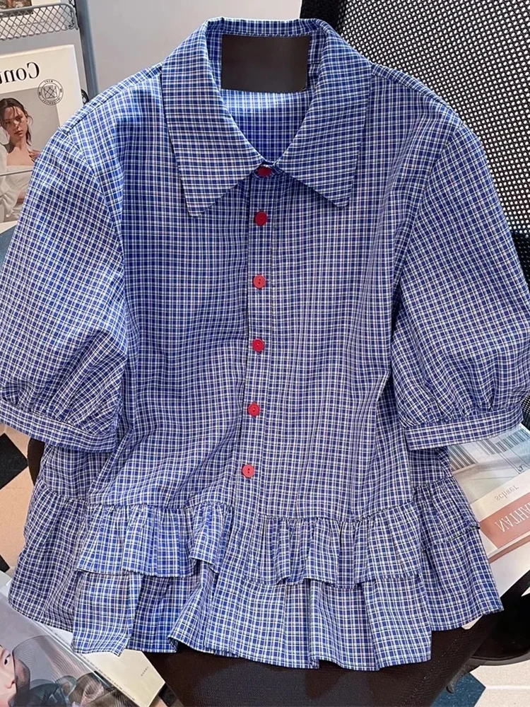 

Ruffles Vintage Plaid Shirt Women Summer Short Sleeve Loose Cute Blouse Korean Casual Preppy Style Single Breasted Female Tops