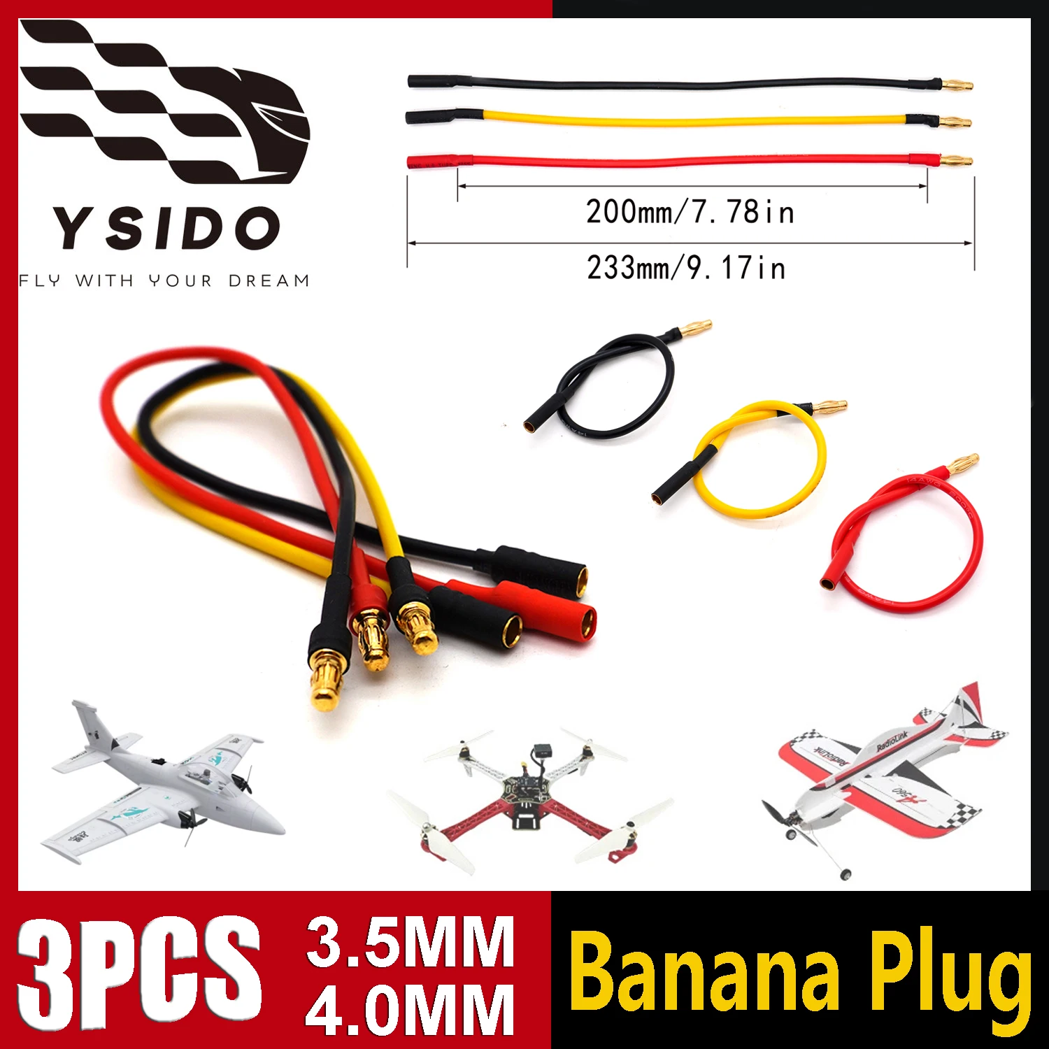 3PCS YSIDO 200mm Extension Cable 3.5mm/4.0mm Gold Bullet Banana Head Connectors Wire Plug 18AWG for RC Drone Car Upgrade Parts