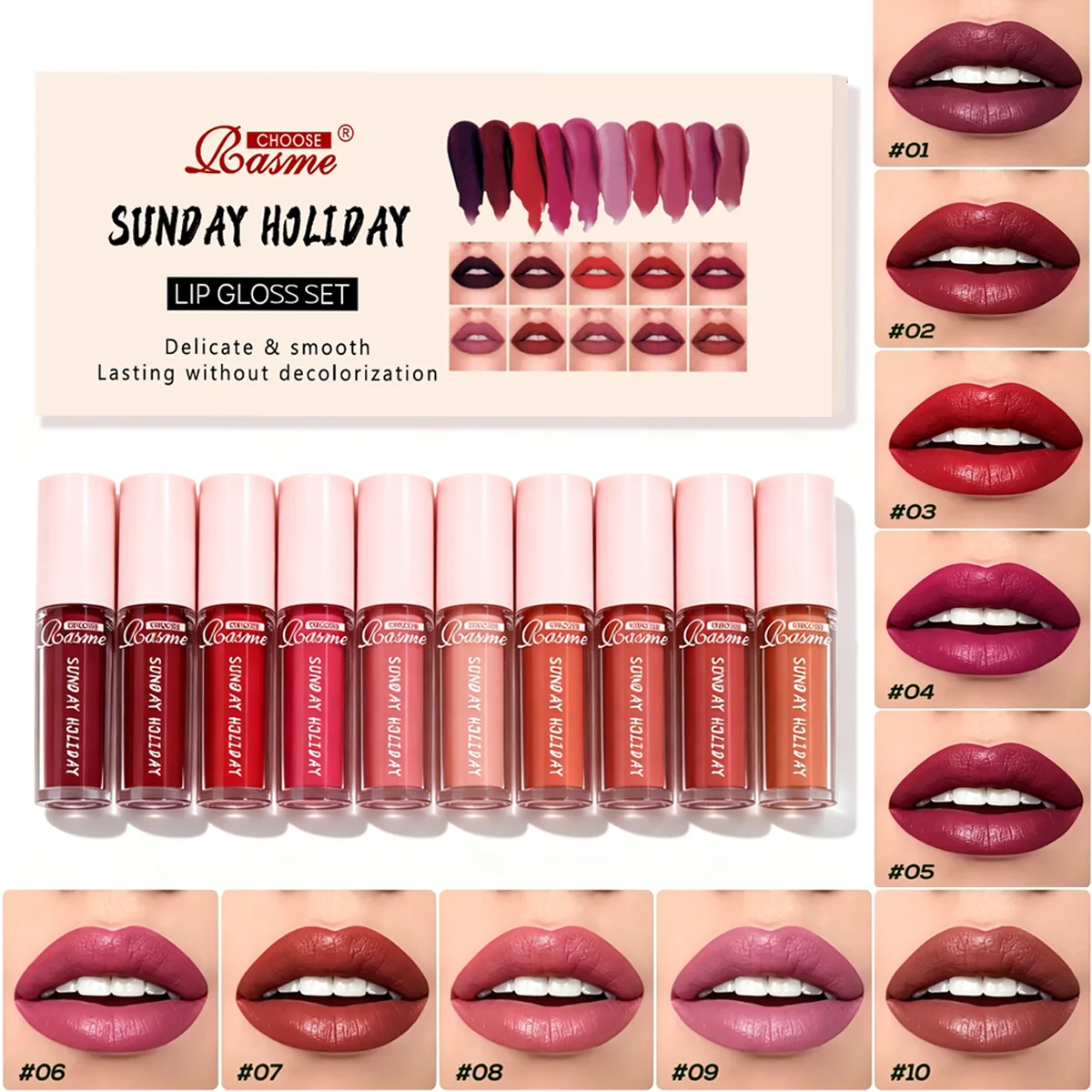10-teiliges Set Sunday Holiday Lipgloss-Kit, Matte Flüssig-Lippenstifte, Langanhaltend, Wasserfest, Lip Tint, Damen-Kosmetik, Großhandel Make-up