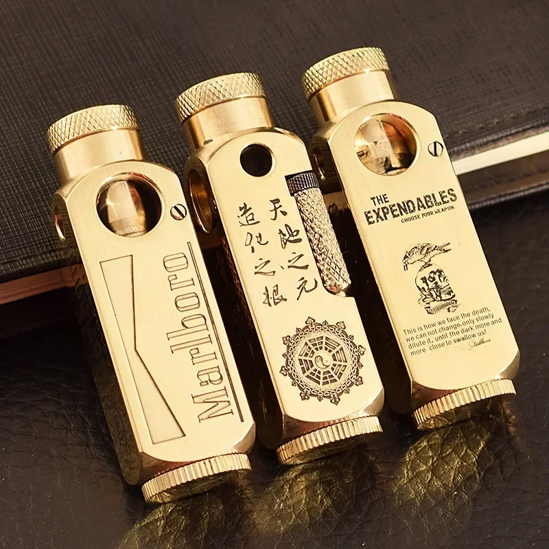 High End Retro Pure Brass Kerosene Lighter Heavy-duty Laser Engraved Six Sided Pattern Old-fashioned Handmade Lighter Men's Gift