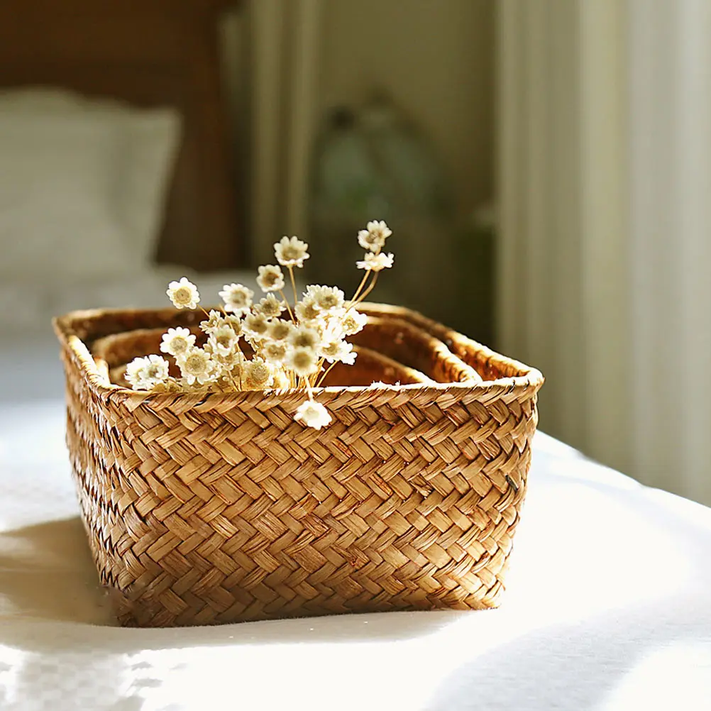 

3pcs Storage Baskets Seagrass Material Small Size Balcony Bedroom Corridor Container Sundries Basket Organizer
