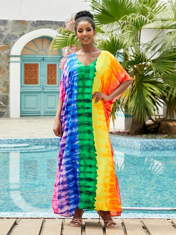 Vestido Kaftan colorido feminino, plus size, robe de rayon, roupa de banho para cobrir, vestido maxi leve, túnica para praia, 2020