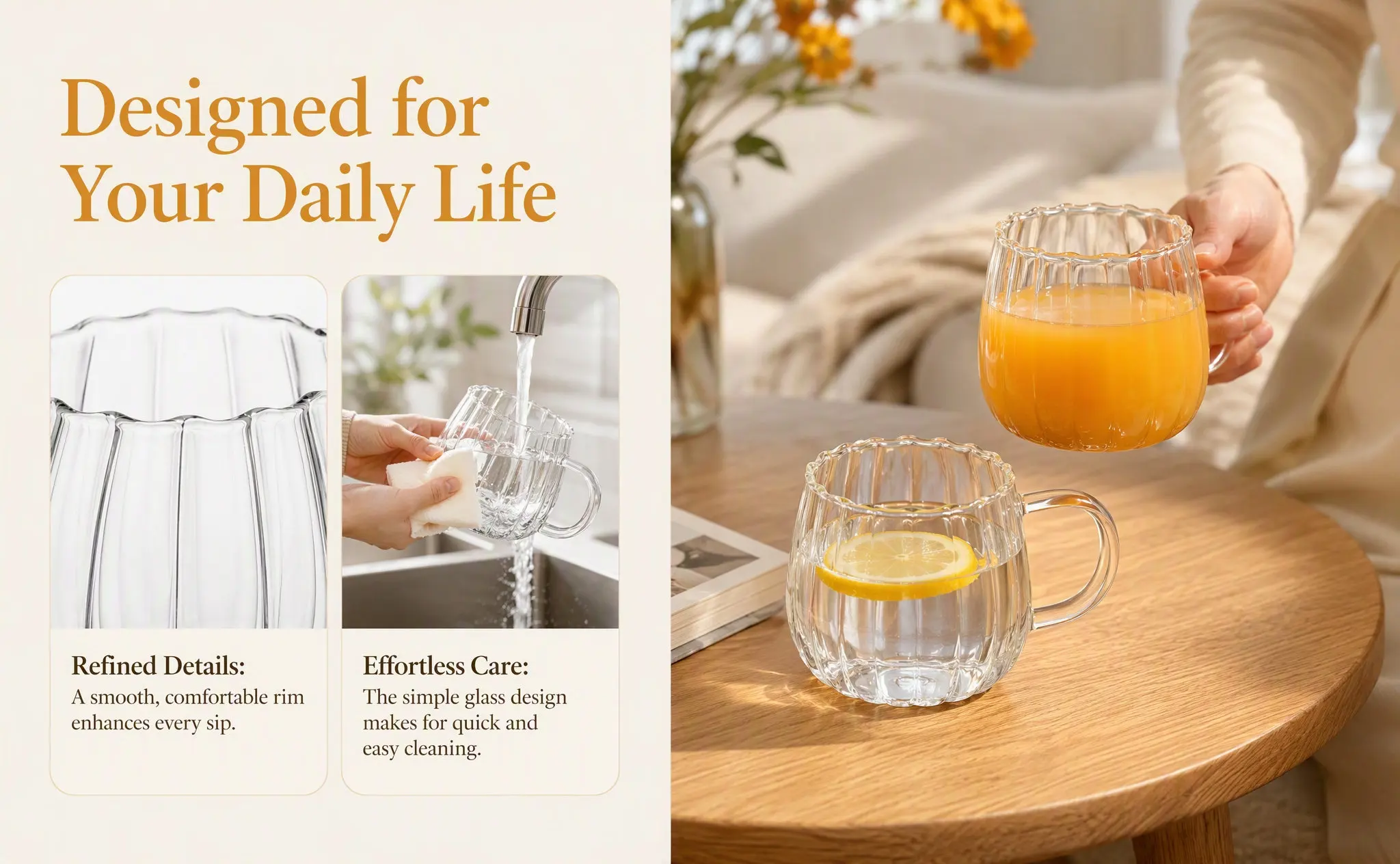 2Pcs Clear Glass Mugs Smooth Rim Coffee Tea Cups Transparent Drinking Gastronomic Bowls Breakfast Milk Juice Breakfast Glass