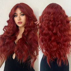 Long Curly Synthetic Wigs Wine Burgundy Hair with Bangs Water Wave Wig for Women Heat Resistant Body Wave Wig Full Hair Cosplay