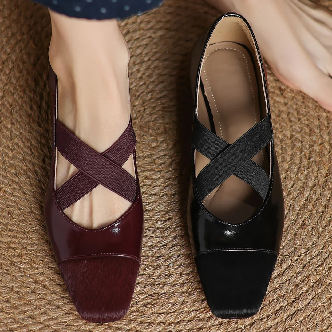 Women\'s genuine leather horsehair patchwork elastic band cross strap slip-on flats square toe soft comfort elegant ladies shoes