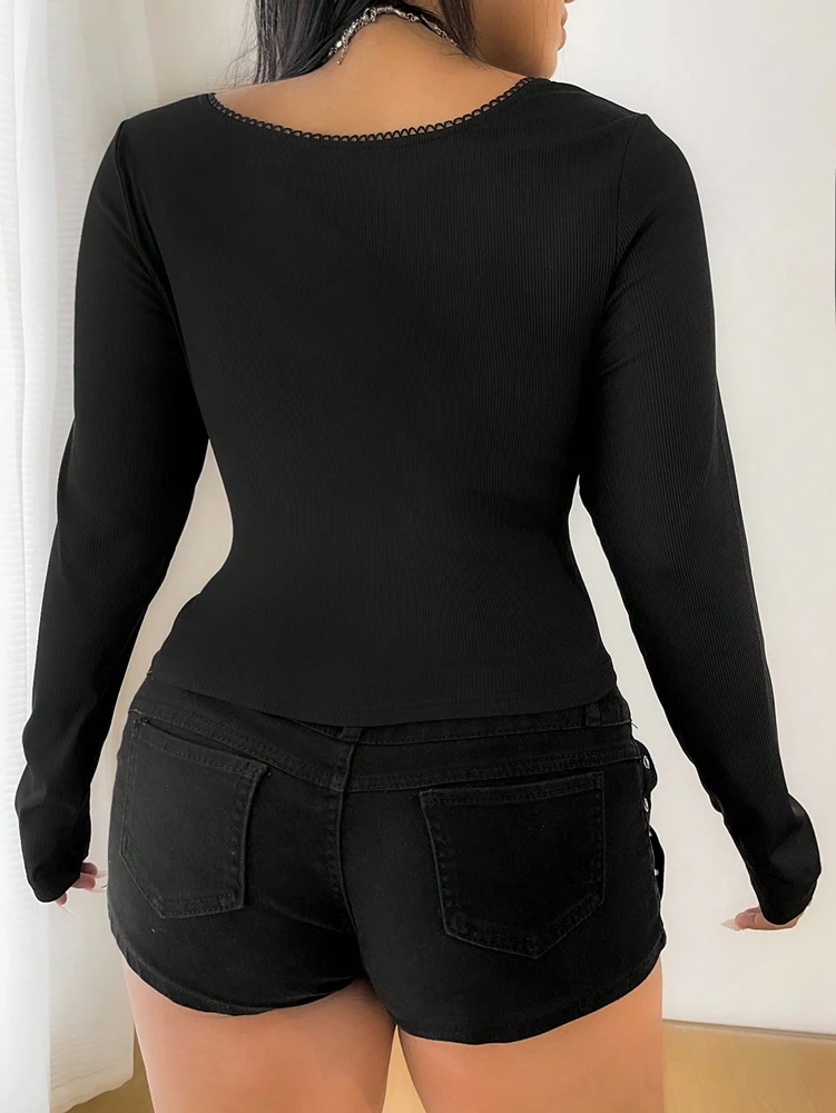 Grande taille femmes printemps et automne décontracté couleur unie dentelle T-Shirt à manches longues, noir à manches longues hauts Polyester