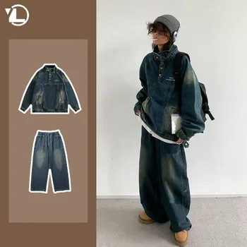 Hip Hop Street Denim Set uomo Vintage Stand Collar Pullover in Denim lavato + Harajuku Jeans a gamba larga 2 pezzi vestito da coppia giapponese