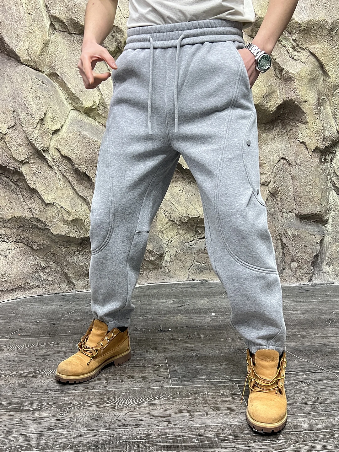 

Thiened Fce Lined 3D Trimmed Loose Fit Winter Casual Pants Youth Cotton Polyester Blend Warm Trousers with Cuffed Ankles