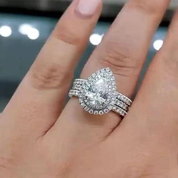 Huitan Luxury 3Pcs Set Rings for Engagement Party Female Bright Drop-shaped Zirconia Finger Accessories Gorgeous Wedding Band