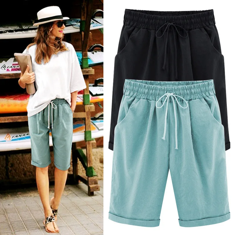 Women Shorts Summer Loose Solid Color Elastic Waist Drawstring Pockets Fashionable Woman's Shorts Dropshipping Sale YDS7088