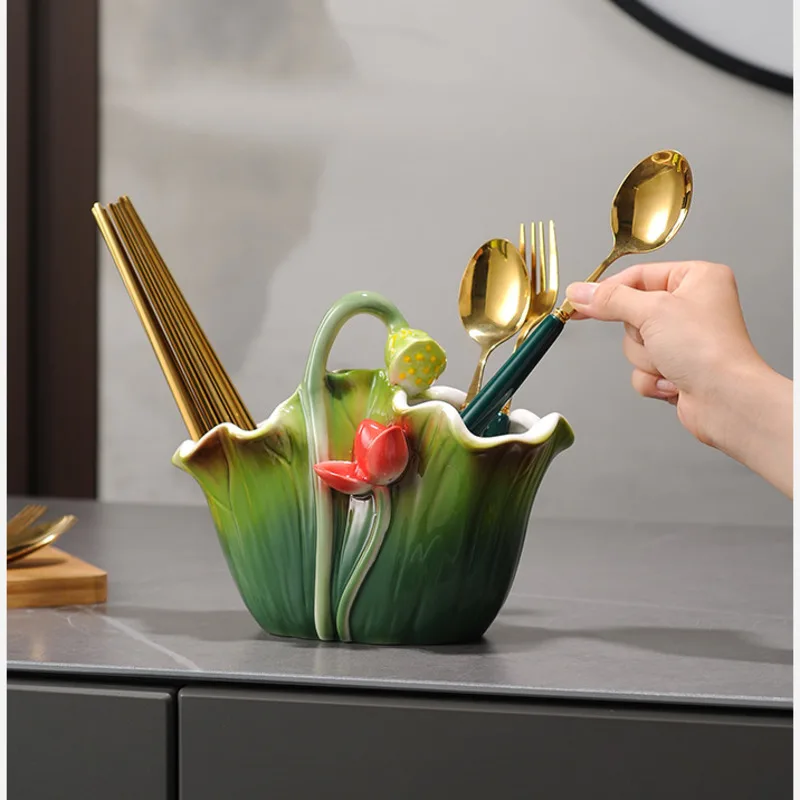 New Chinese Style Chopstick Barrel Enamel Ceramic Cutlery Rack Creative Lotus Leaf Tissue Box Versatile Scene Table Ware