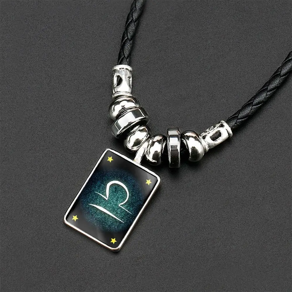 Glass Horoscope PU Leather Chain For Girls Woman Clavicle Choker Men Necklaces 12 Constellation Necklaces Korean Neck Jewelry