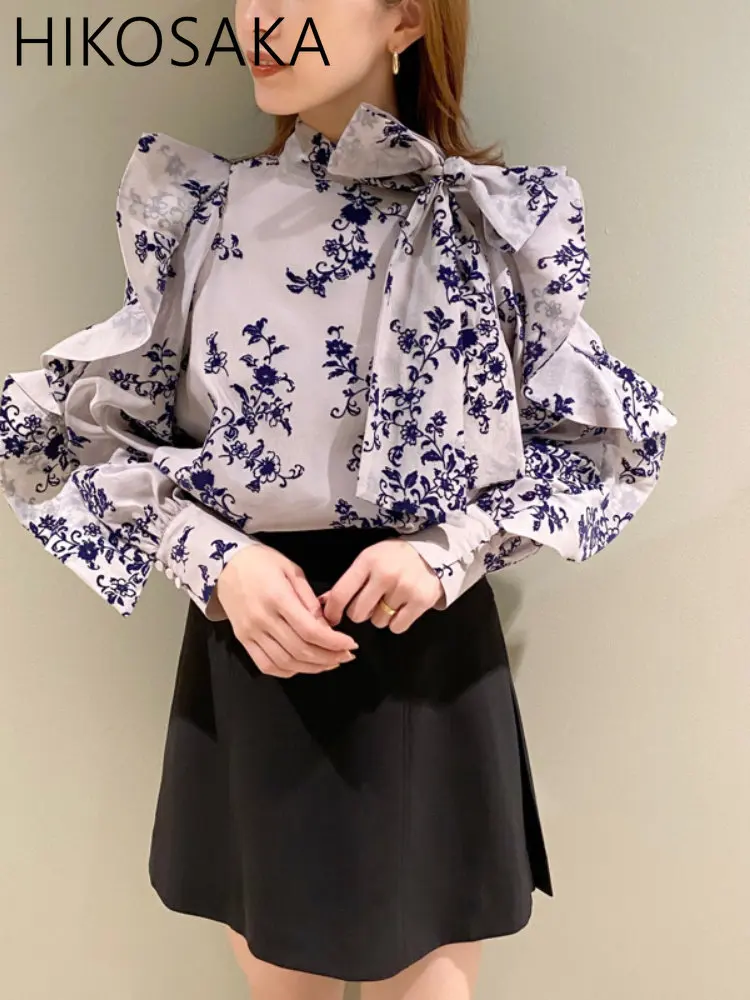 Japanese Vintage Flocking Printed Women Blouse Autumn Winter Bow Lace-up Stand Collar Shirts Ruffles Patchwork Long Sleeve Blusa