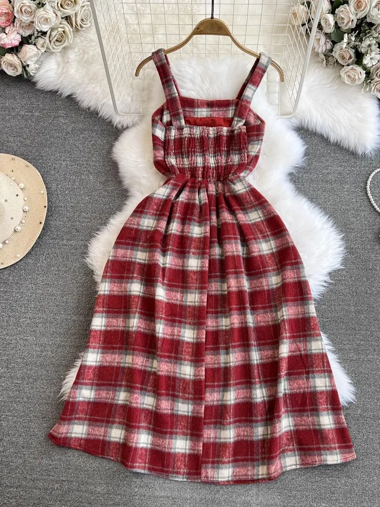 New Fashion Plaid Woolen Dress Women Autumn Winter Spaghetti Strap Dress Streetwear Sleeveless Long Sundress