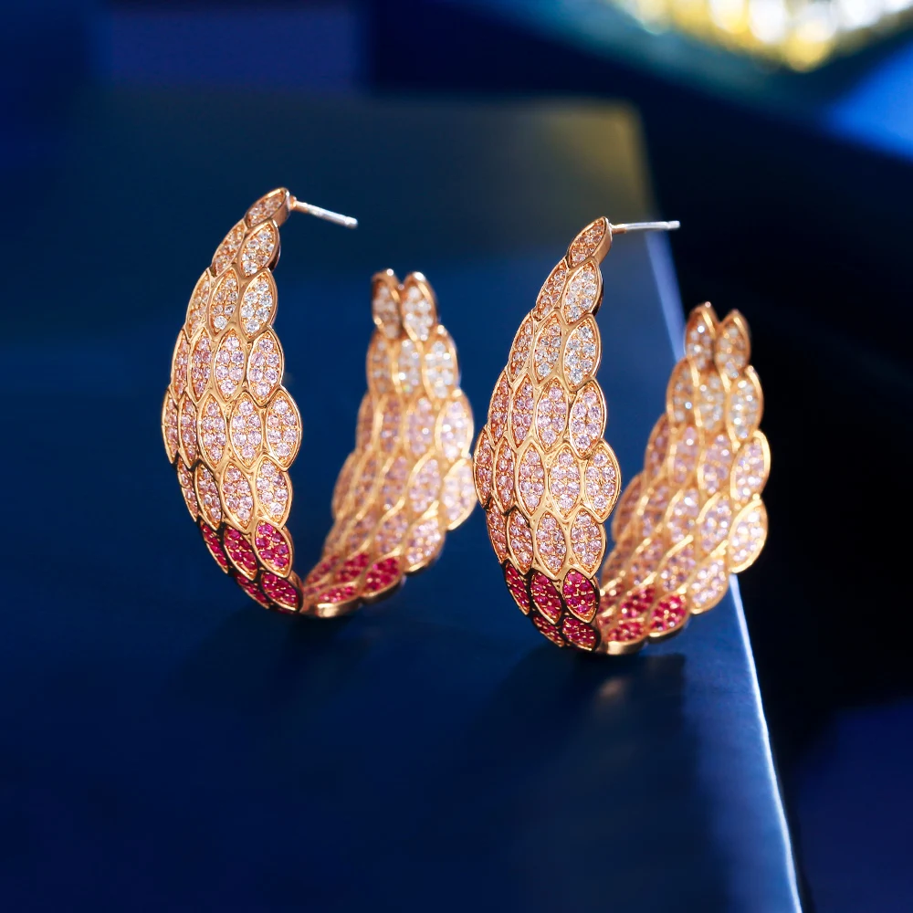 CWWZircons Luxury Full Cubic Zirconia Paved Double Sided Feather Big Hoop Earrings for Women Dubai Gold Plated Jewelry CZ261