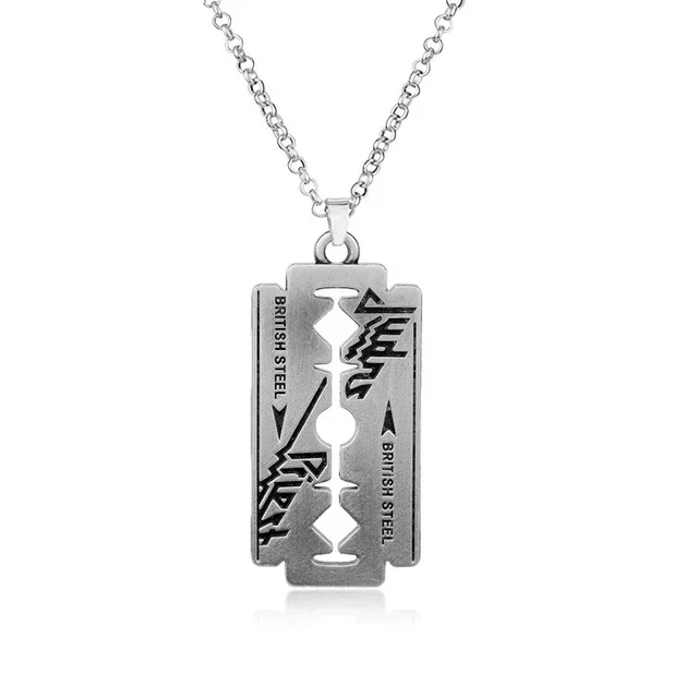 Hip Hop Rock Band Judas Priest Blade Razor Shape Pendant Necklace Long Chain Men Metal Necklace