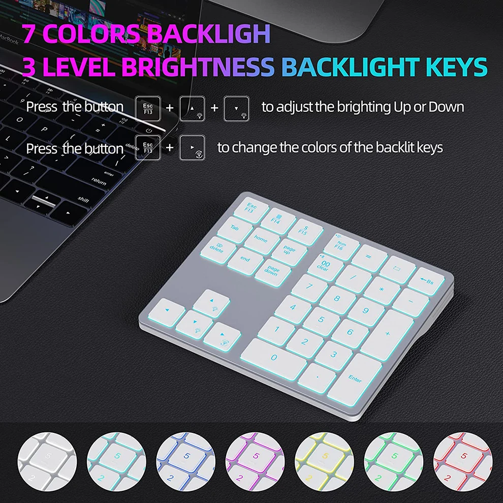 Backlit Bluetooth Numeric Keypad for Laptop 34 KeysWireless Number Pad with 7-Color Backlight for MacBook & Windows