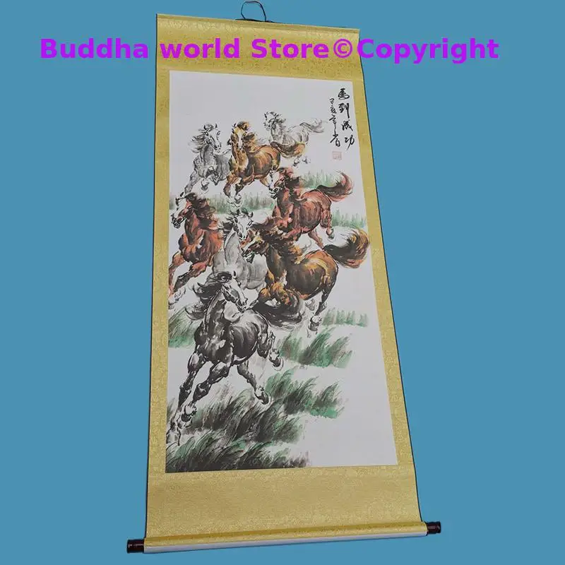 Southeast Asia Home office company WALL TOP Decorative art Auspicious GOOD Luck Success 8 Horses FENG SHUI ART silk painting