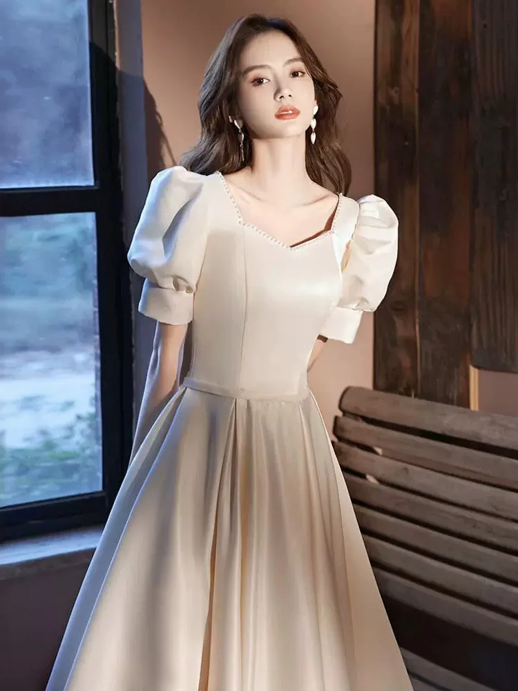

Champagne Satin Evening Gown with Bubble Sves Host Chorus Ceremony Dr Mid-Length Korean Sle Wedding Dr